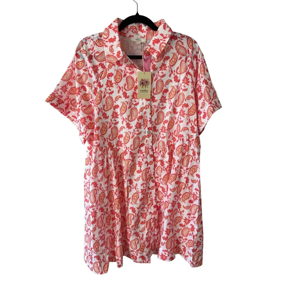 Entro NWT White Orange Paisley Button Front Mini Dress Sz L - Picture 3 of 8
